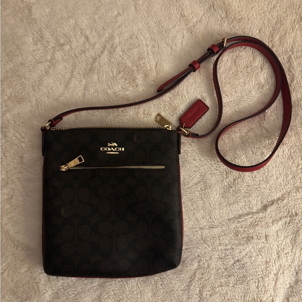 Coach Dark Brown and Red Crossbody Bag
